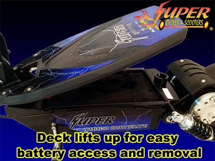Deck lifts up for easy battery access and removal