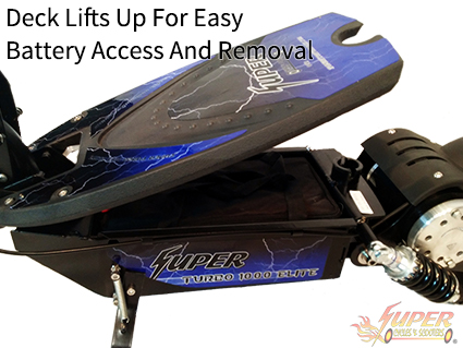 Deck lifts up for easy battery access and removal