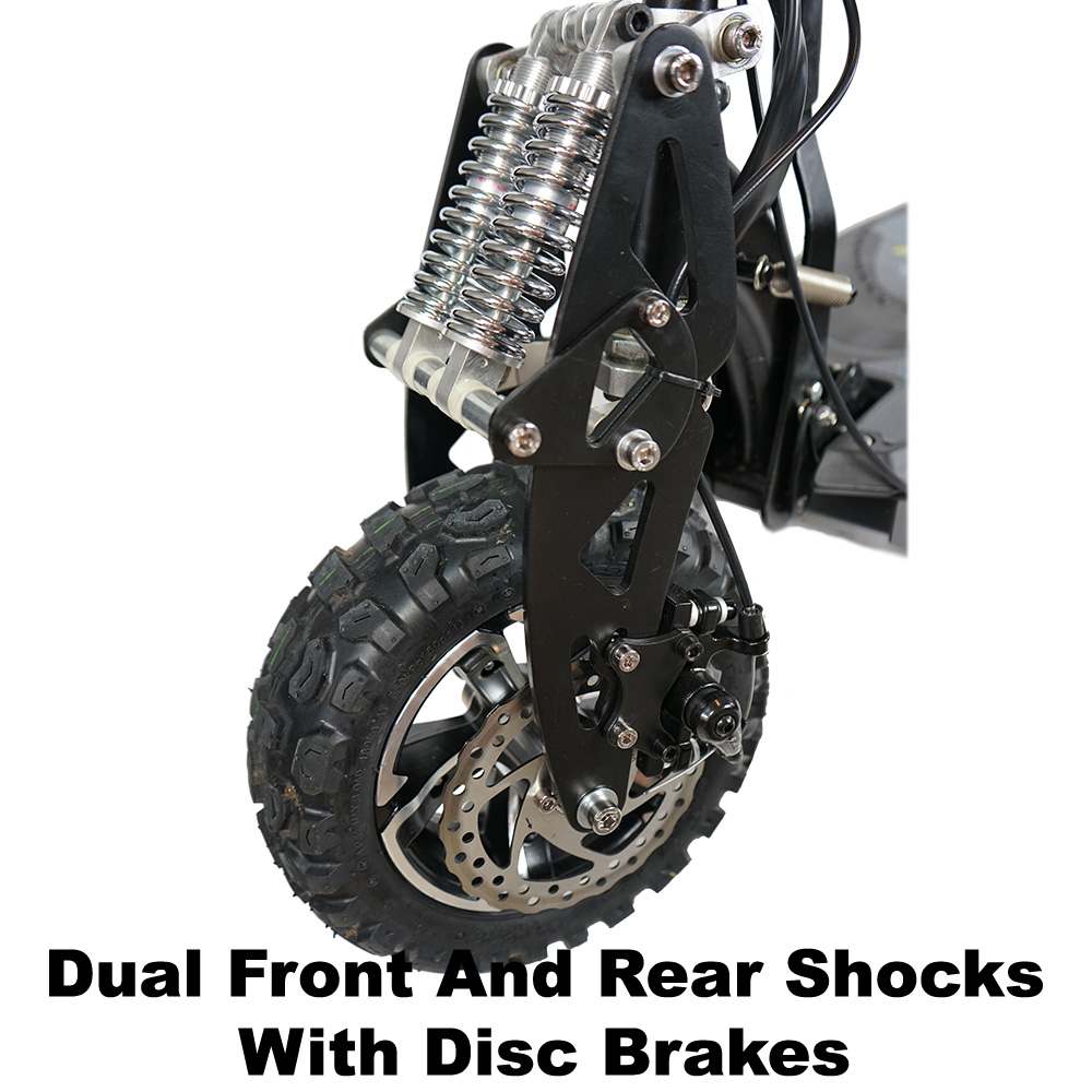 Dual front and rear shocks with disc brakes