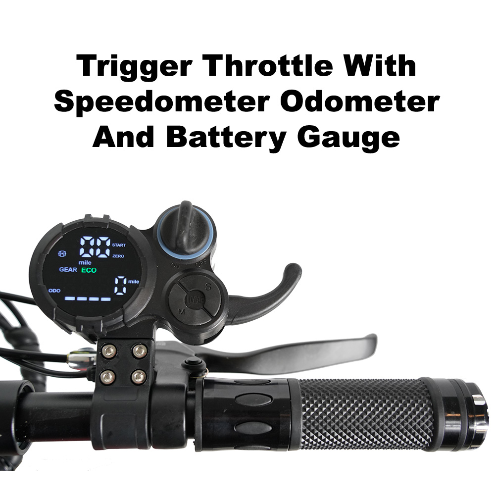 Trigger throttle with speedometer, odometer, and battery gauge