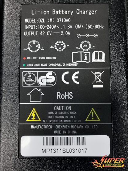 36v Lithium Charger for Green.Blue Batteries closeup of label